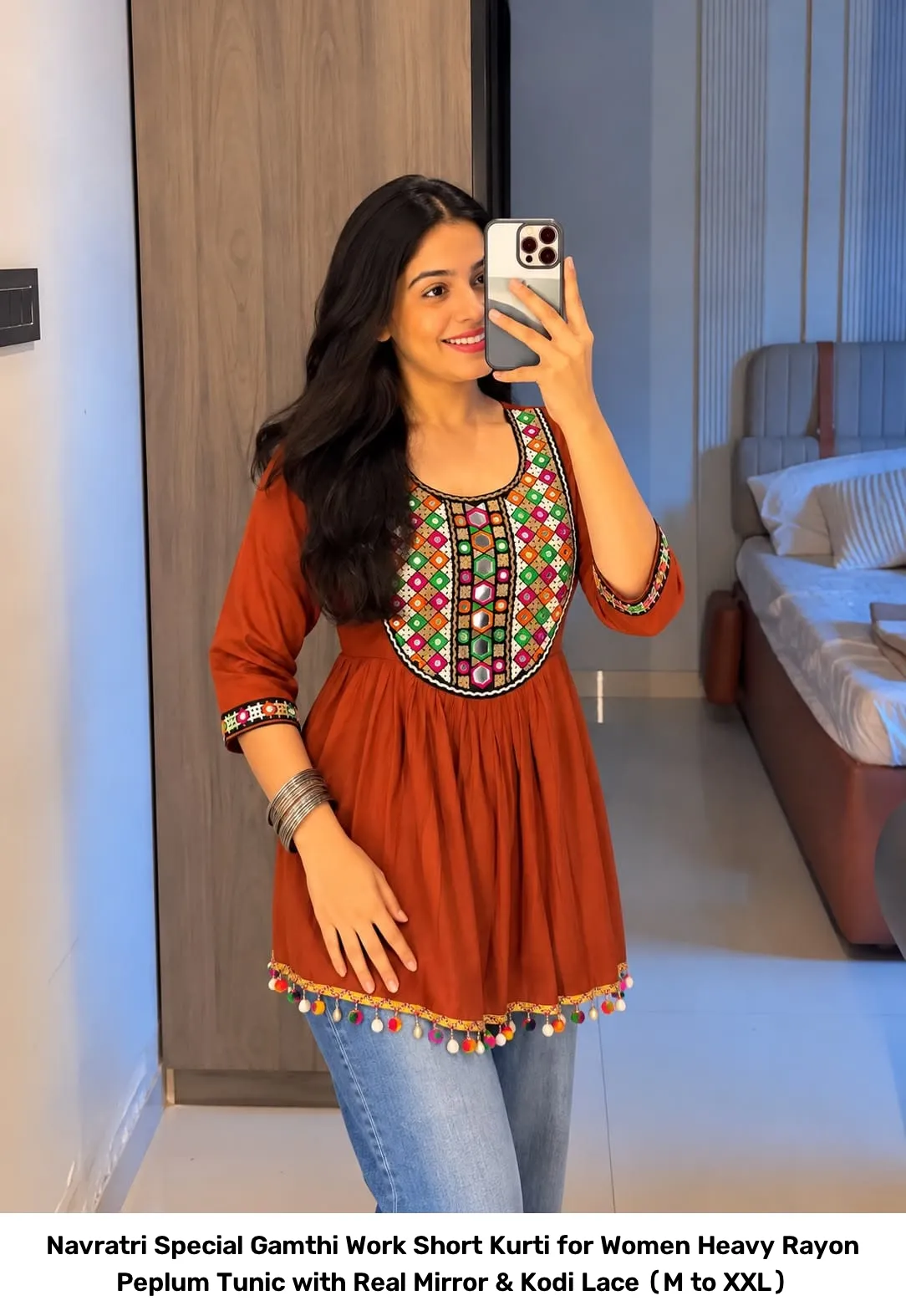Navratri Special Gamthi Work Short Kurti for Women – Heavy Rayon Peplum Tunic with Real Mirror & Kodi Lace (M to XXL) 2