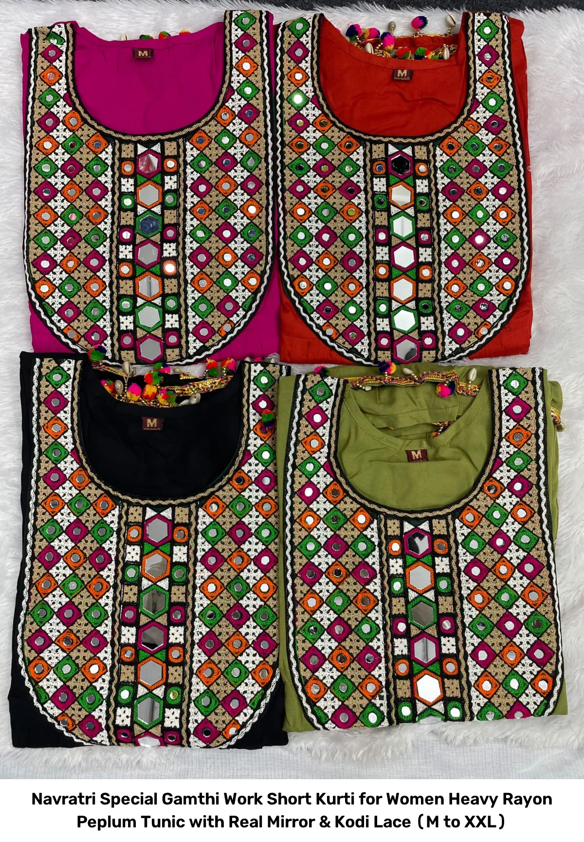Navratri Special Gamthi Work Short Kurti for Women – Heavy Rayon Peplum Tunic with Real Mirror & Kodi Lace (M to XXL) 3