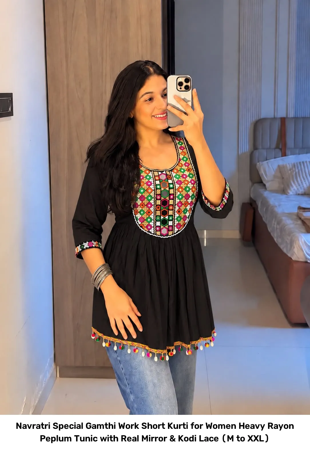 Navratri Special Gamthi Work Short Kurti for Women – Heavy Rayon Peplum Tunic with Real Mirror & Kodi Lace (M to XXL) 4