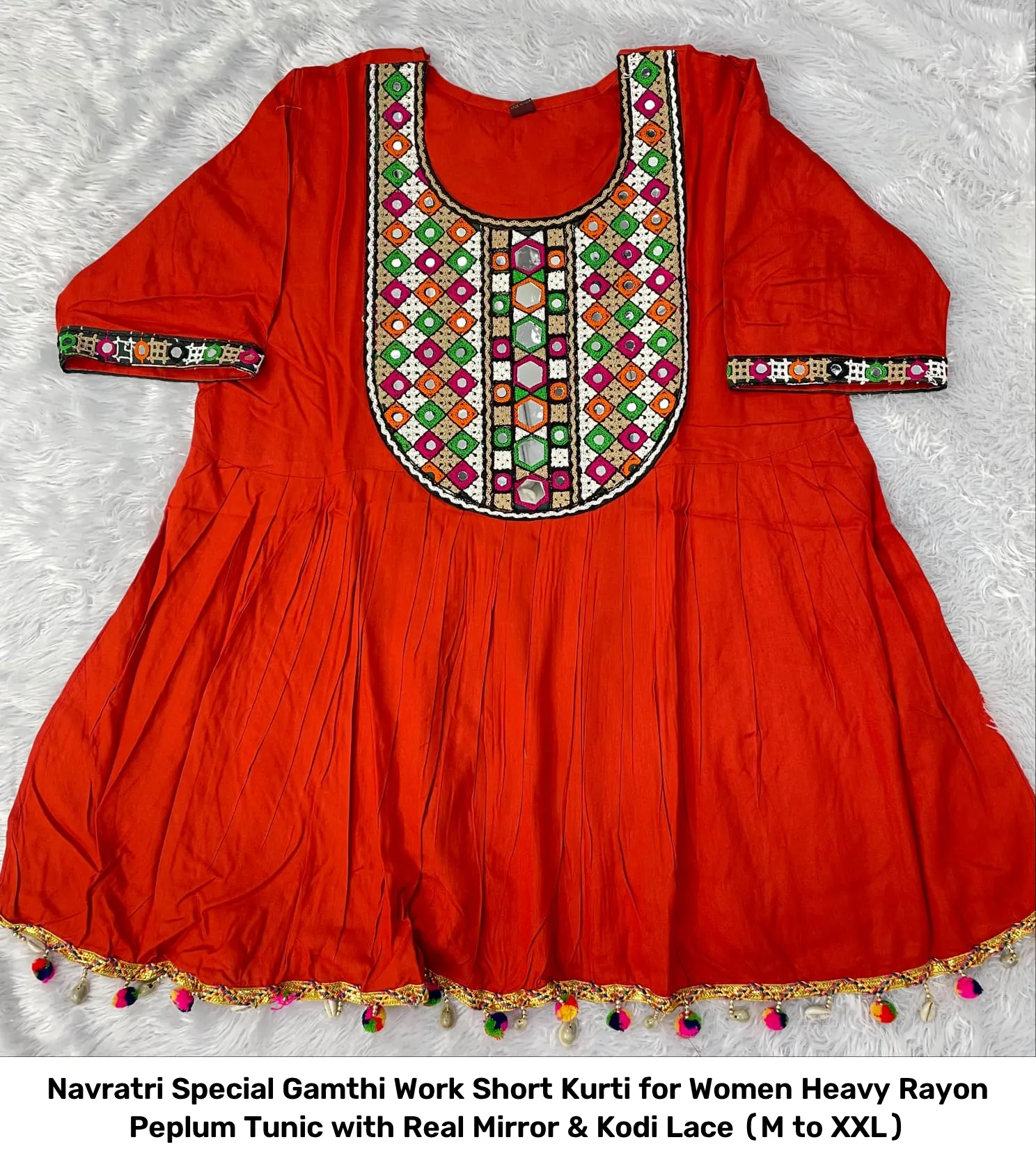 Navratri Special Gamthi Work Short Kurti for Women – Heavy Rayon Peplum Tunic with Real Mirror & Kodi Lace (M to XXL) 5