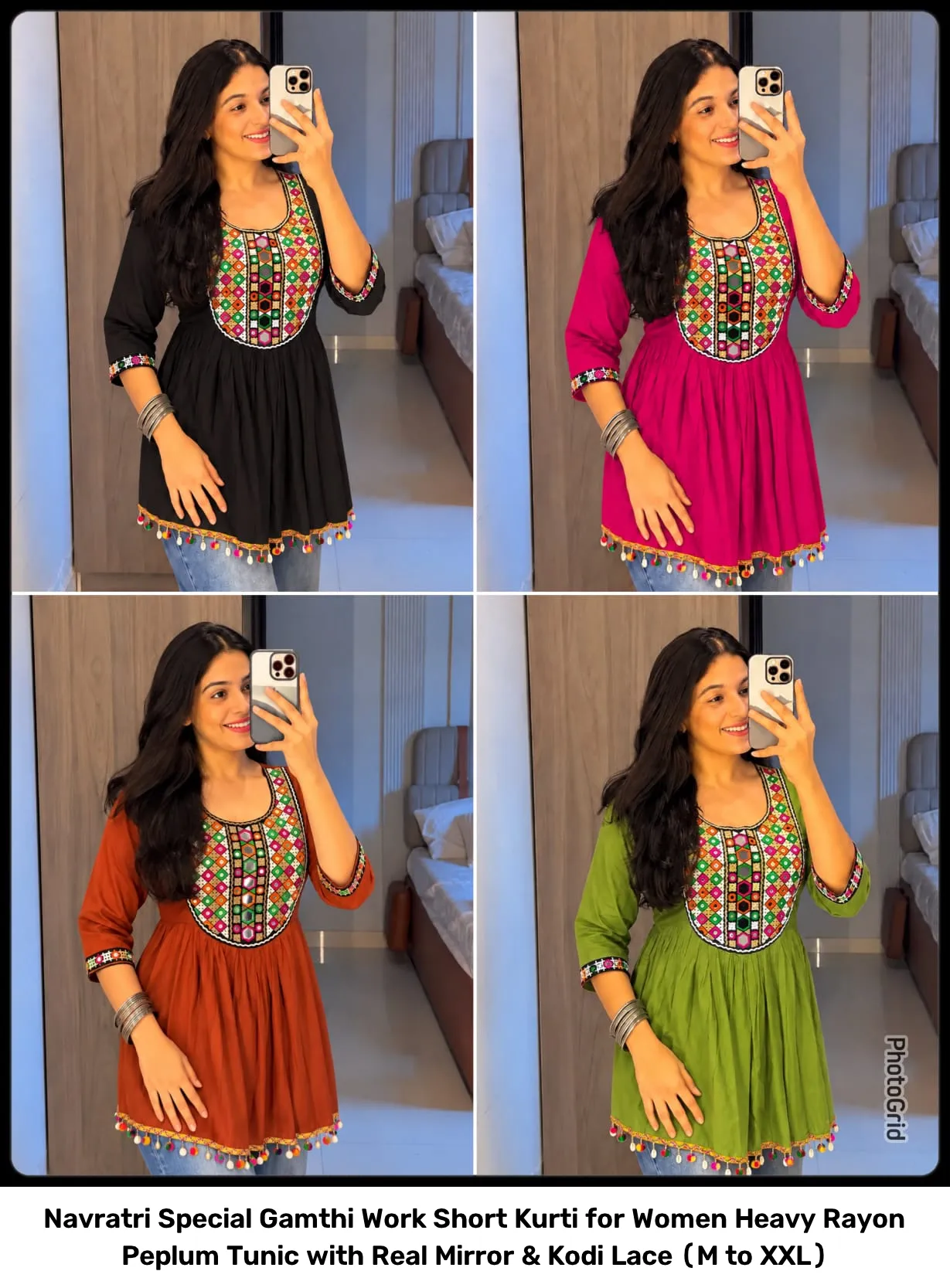 Navratri Special Gamthi Work Short Kurti for Women – Heavy Rayon Peplum Tunic with Real Mirror & Kodi Lace (M to XXL) 6