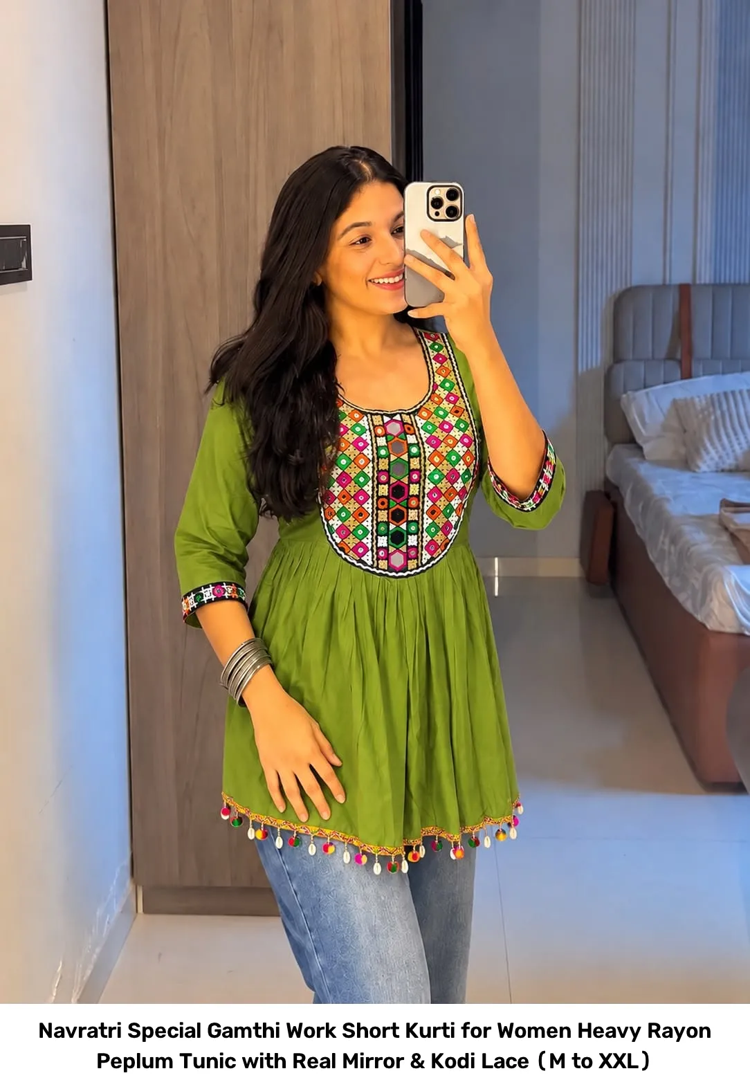 Navratri Special Gamthi Work Short Kurti for Women – Heavy Rayon Peplum Tunic with Real Mirror & Kodi Lace (M to XXL) 7