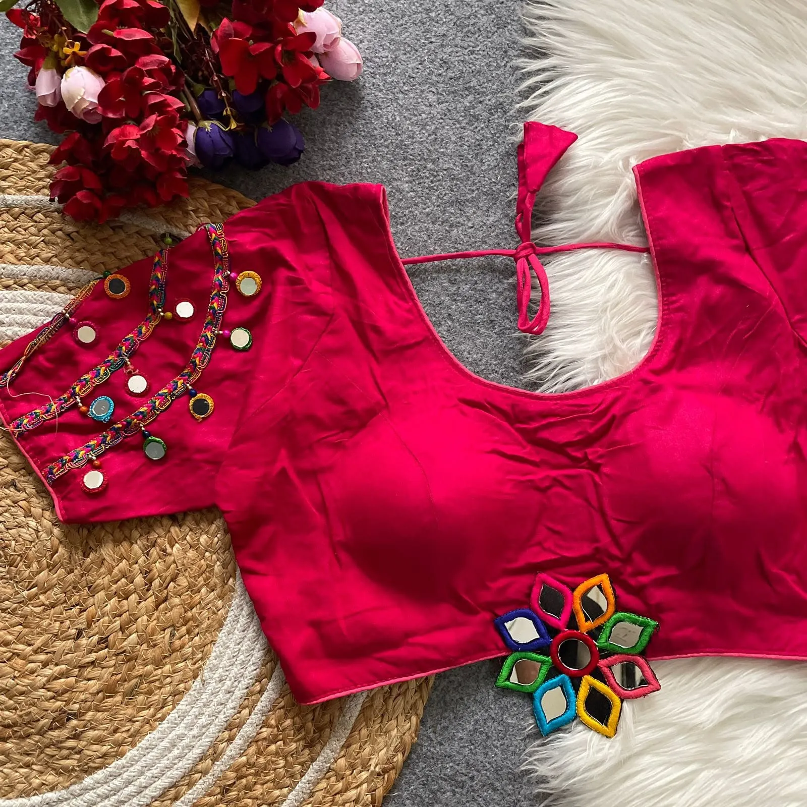 Navratri Special Hand Mirror Work Cotton Blouse | Padded Readymade Chaniya Choli Blouse Wholesale (Size 38-42)