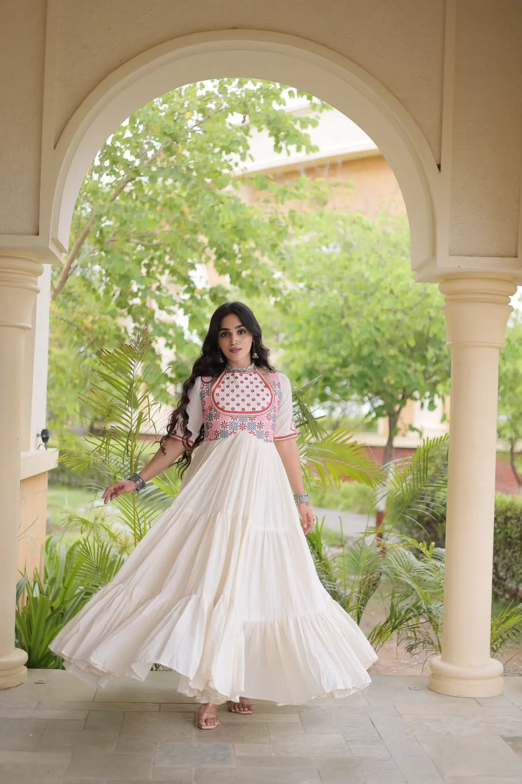 Navratri Special Kora Cotton Gown with Real Mirror & Multi-Thread Embroidery