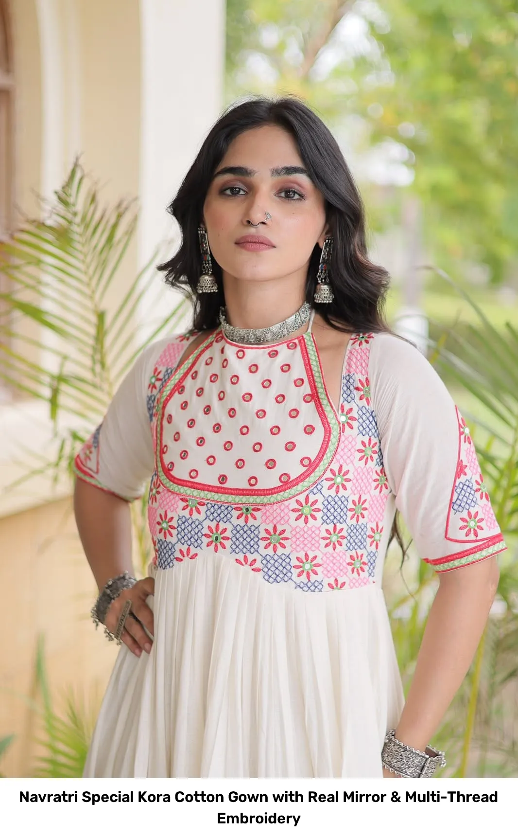 Navratri Special Kora Cotton Gown with Real Mirror & Multi-Thread Embroidery 2