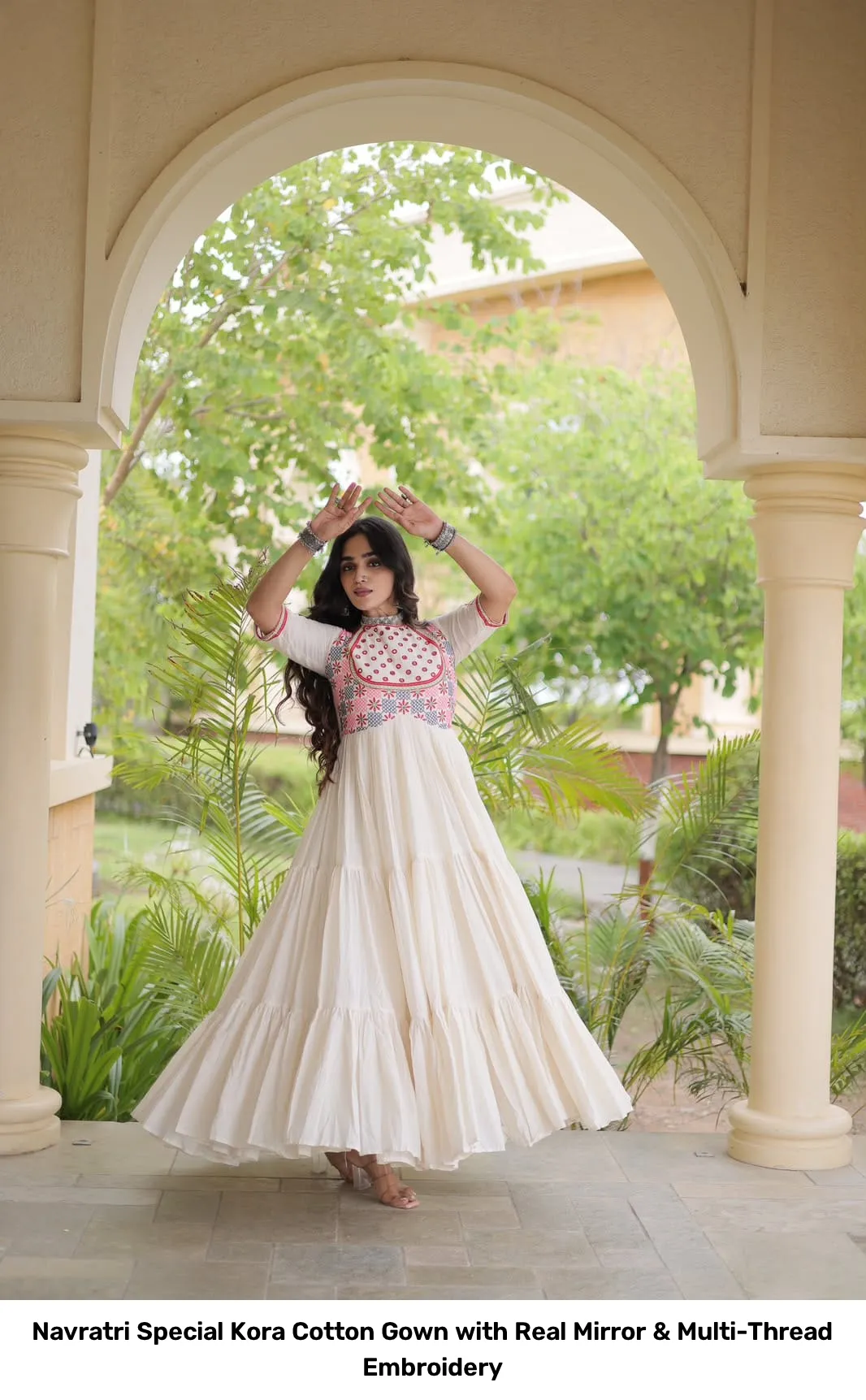 Navratri Special Kora Cotton Gown with Real Mirror & Multi-Thread Embroidery 4