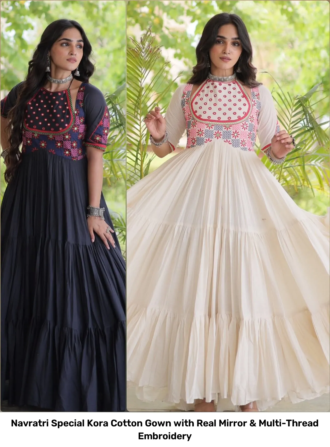 Navratri Special Kora Cotton Gown with Real Mirror & Multi-Thread Embroidery 6