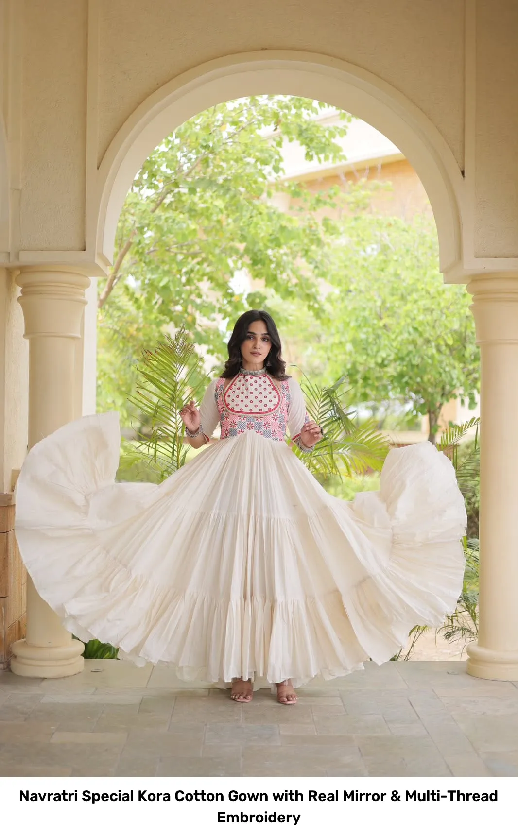 Navratri Special Kora Cotton Gown with Real Mirror & Multi-Thread Embroidery 7