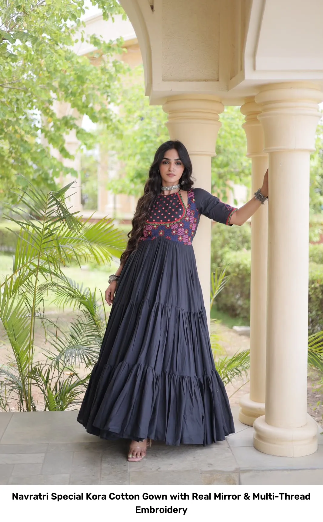 Navratri Special Kora Cotton Gown with Real Mirror & Multi-Thread Embroidery 8