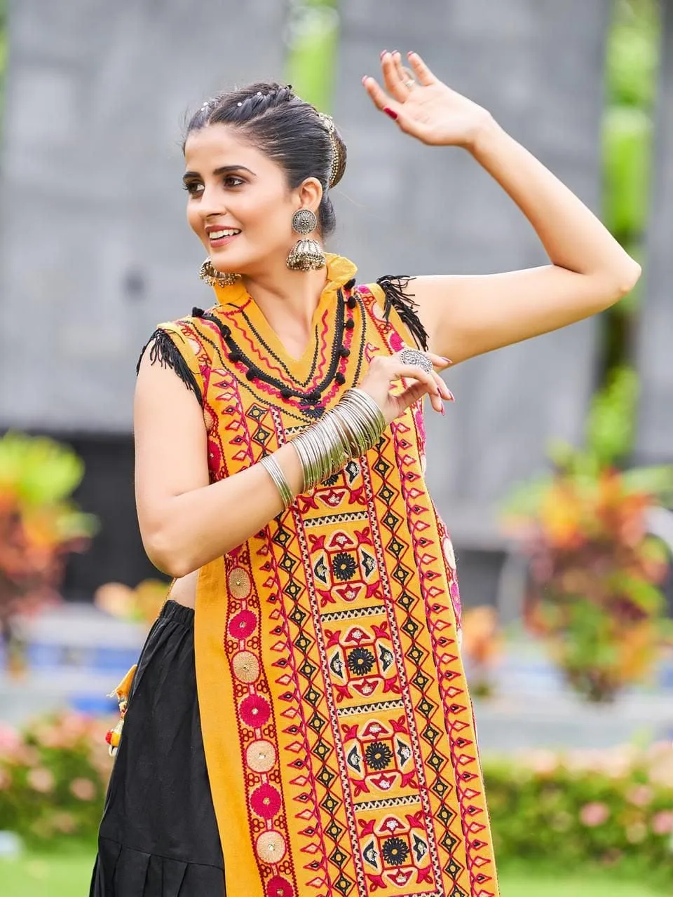 Navratri Special Kutchi Embroidered Kurti Panel with Flared Skirt Set | Gujarati Garba Dandiya Outfit (Free Size)