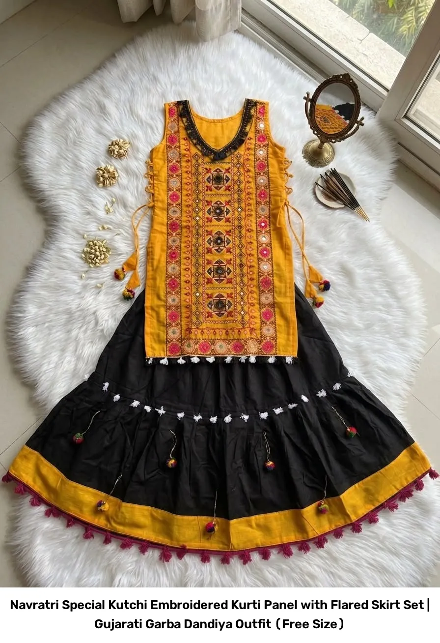 Navratri Special Kutchi Embroidered Kurti Panel with Flared Skirt Set | Gujarati Garba Dandiya Outfit (Free Size) 2