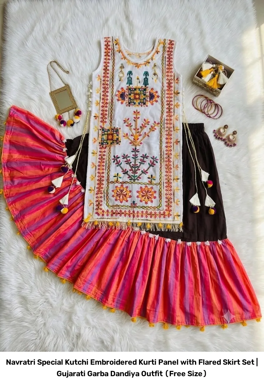 Navratri Special Kutchi Embroidered Kurti Panel with Flared Skirt Set | Gujarati Garba Dandiya Outfit (Free Size) 5