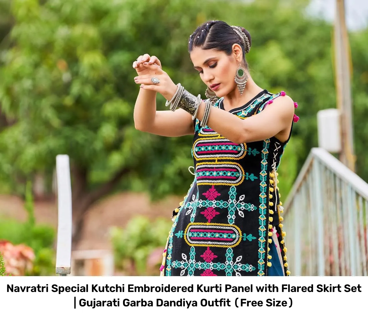 Navratri Special Kutchi Embroidered Kurti Panel with Flared Skirt Set | Gujarati Garba Dandiya Outfit (Free Size) 8