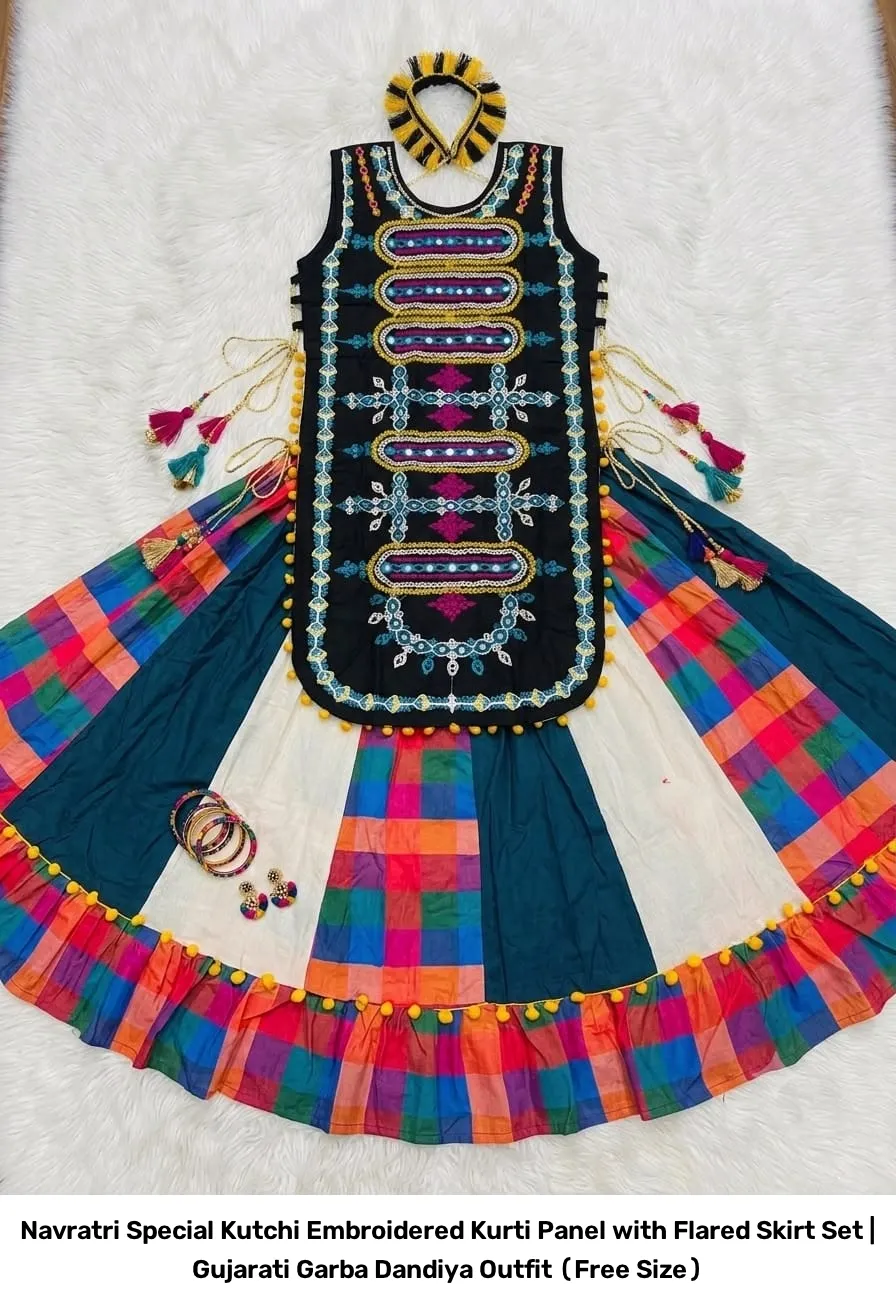 Navratri Special Kutchi Embroidered Kurti Panel with Flared Skirt Set | Gujarati Garba Dandiya Outfit (Free Size) 9