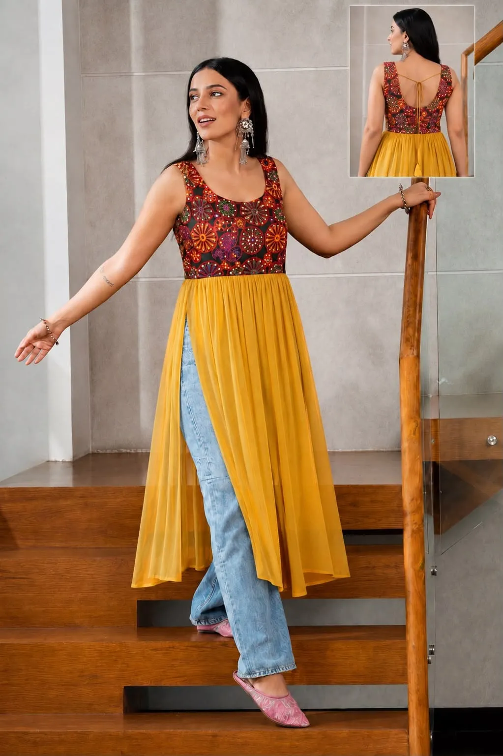 Navratri Special Mirror Work Georgette High-Slit Kurti | Sleeveless Festive Flared Long Kurta
