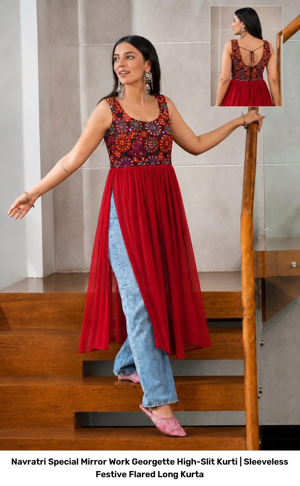 Navratri Special Mirror Work Georgette High-Slit Kurti | Sleeveless Festive Flared Long Kurta 2