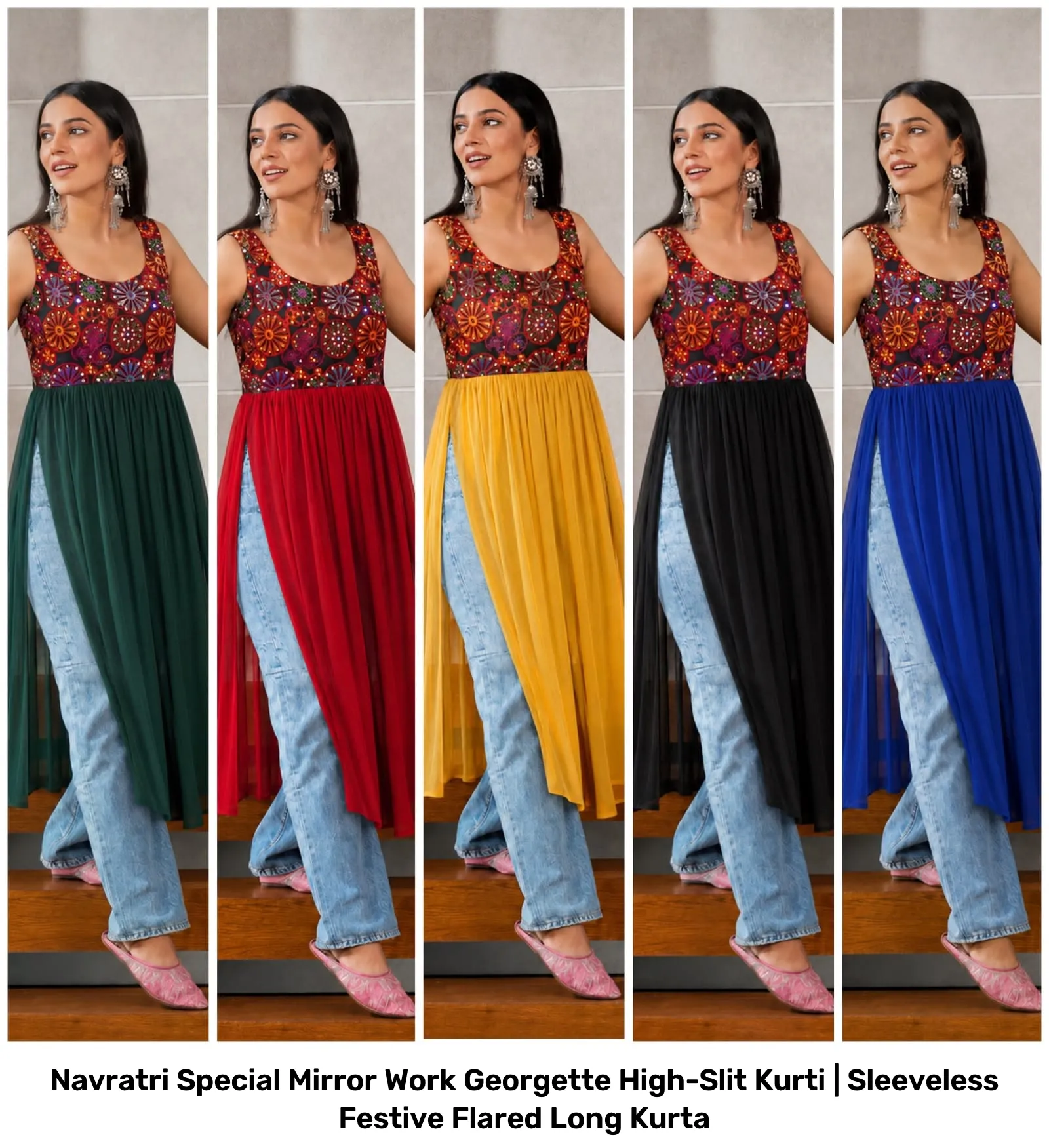 Navratri Special Mirror Work Georgette High-Slit Kurti | Sleeveless Festive Flared Long Kurta 3