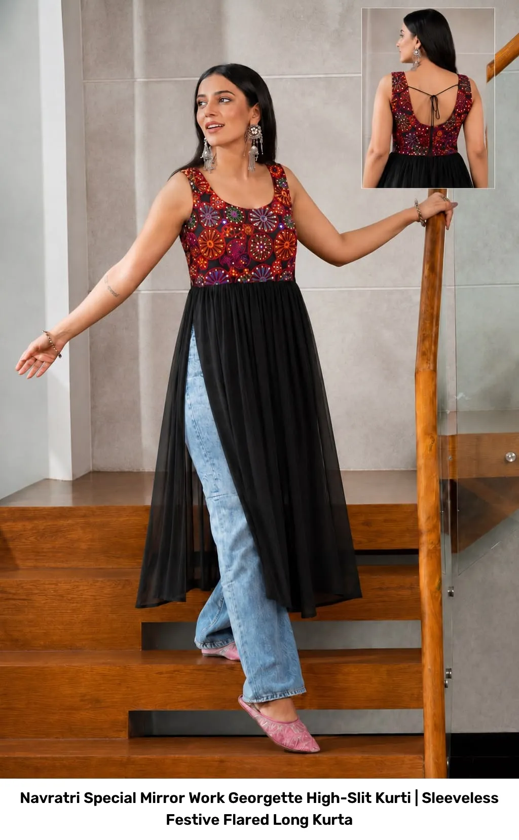 Navratri Special Mirror Work Georgette High-Slit Kurti | Sleeveless Festive Flared Long Kurta 5