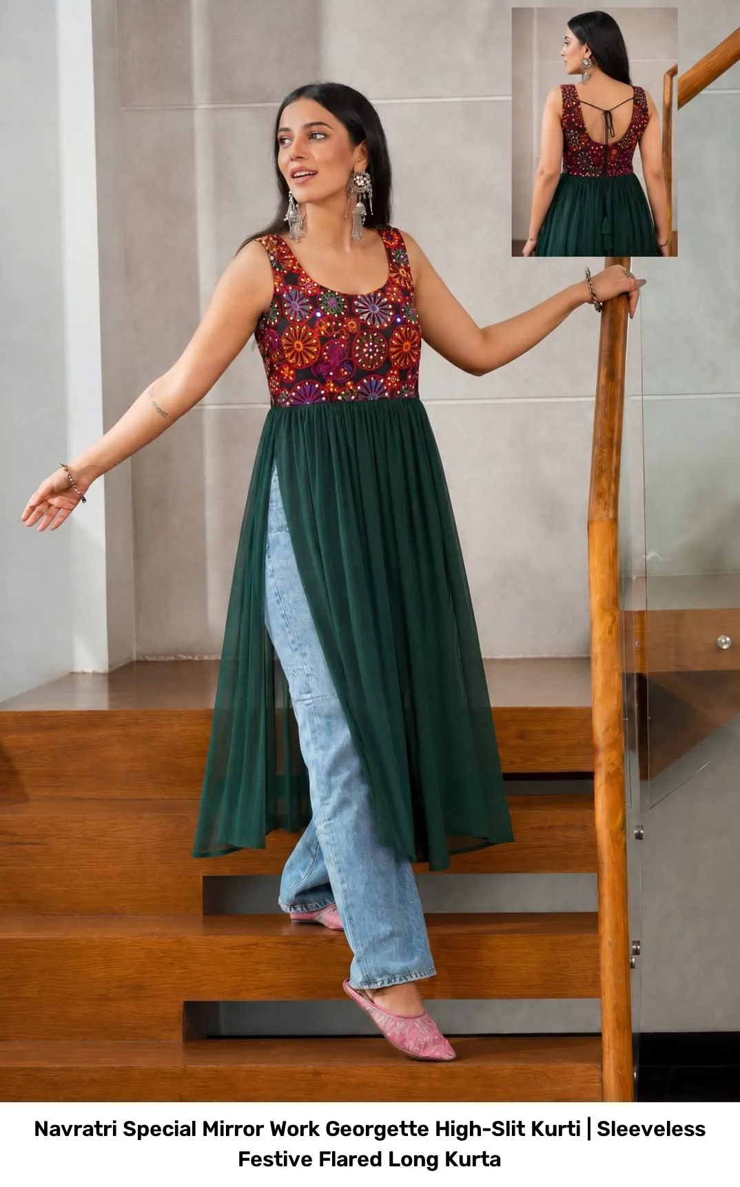Navratri Special Mirror Work Georgette High-Slit Kurti | Sleeveless Festive Flared Long Kurta 6