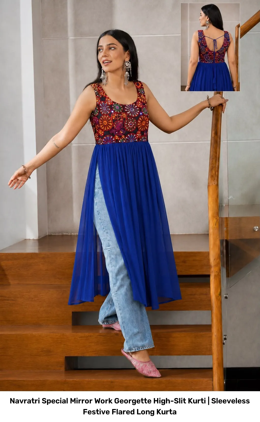 Navratri Special Mirror Work Georgette High-Slit Kurti | Sleeveless Festive Flared Long Kurta 7
