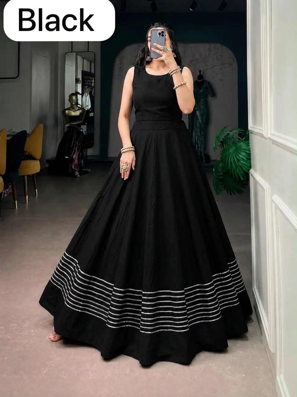 Navratri Special Pure Rayon Cotton Chaniya Choli with Blouse Fabric – 5-Line Gota Border, 4-5 Mtr Flare Semi-Stitched Lehenga
