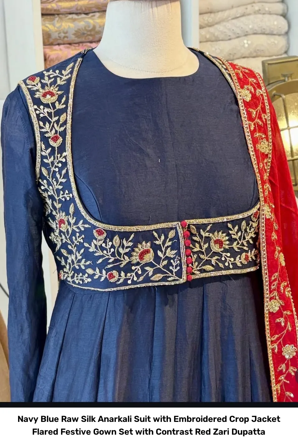 Navy Blue Raw Silk Anarkali Suit with Embroidered Crop Jacket – Flared Festive Gown Set with Contrast Red Zari Dupatta 2