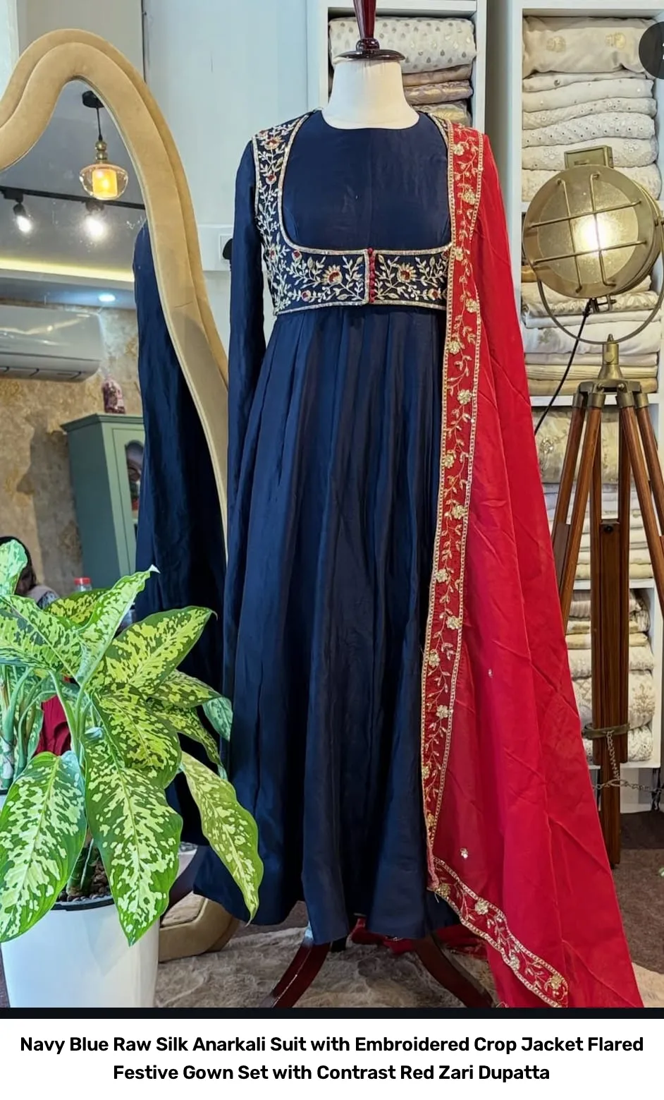 Navy Blue Raw Silk Anarkali Suit with Embroidered Crop Jacket – Flared Festive Gown Set with Contrast Red Zari Dupatta 3