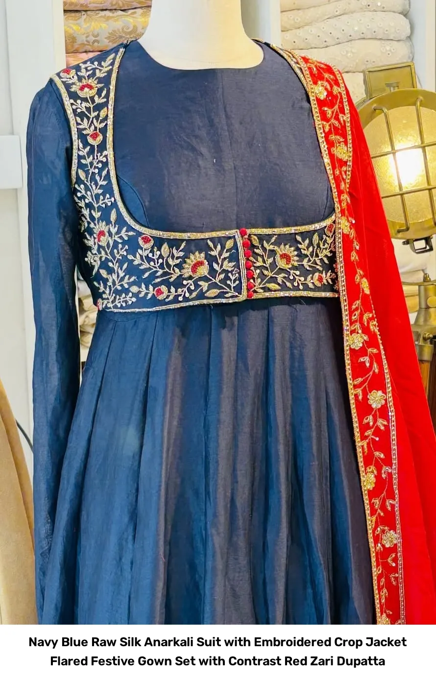 Navy Blue Raw Silk Anarkali Suit with Embroidered Crop Jacket – Flared Festive Gown Set with Contrast Red Zari Dupatta 4