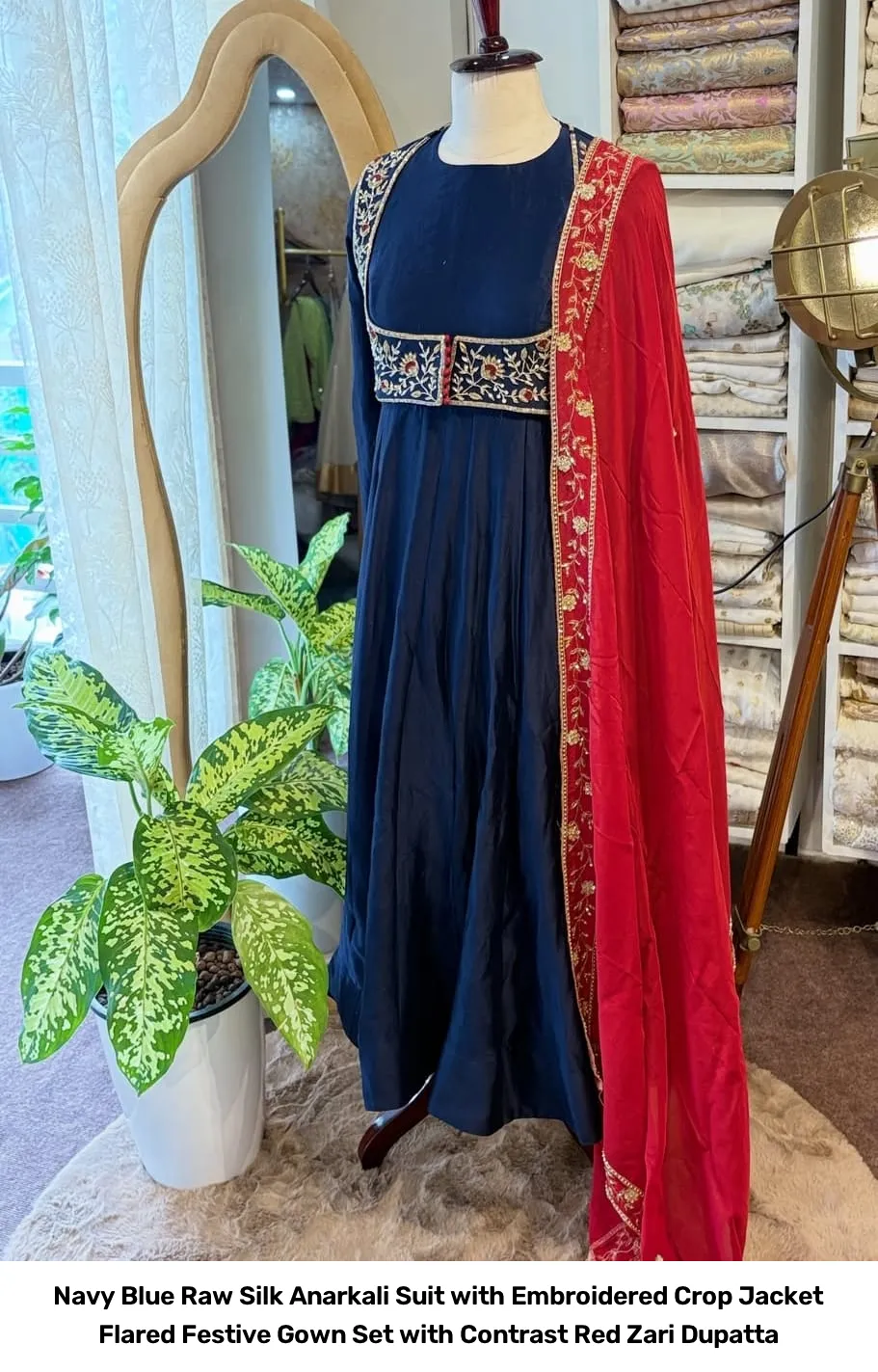 Navy Blue Raw Silk Anarkali Suit with Embroidered Crop Jacket – Flared Festive Gown Set with Contrast Red Zari Dupatta 5