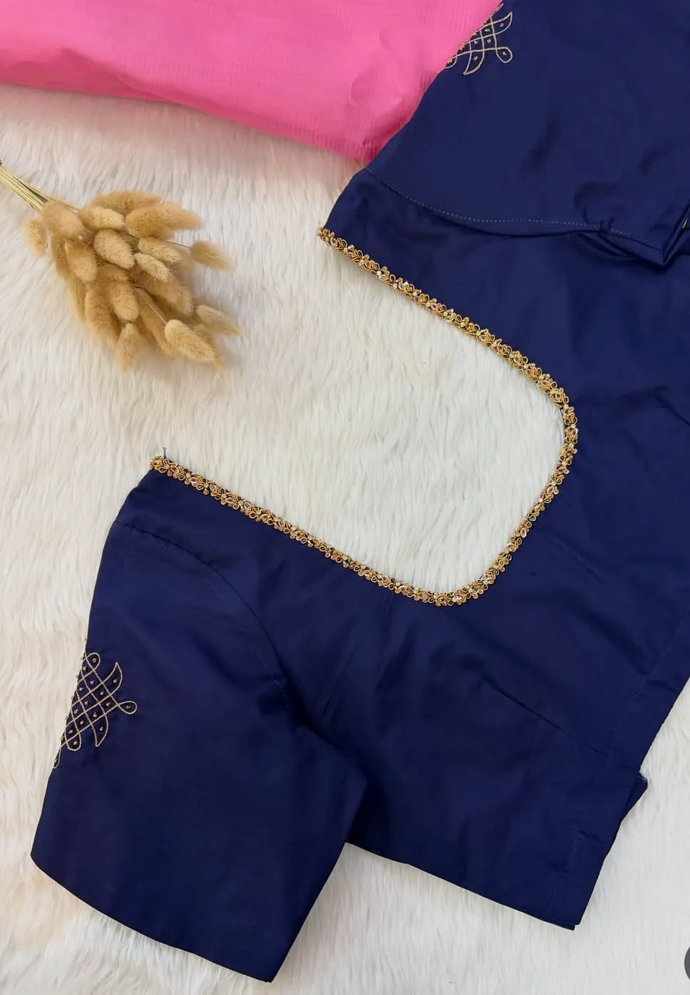 Navy Blue Raw Silk Saree Blouse – Gold Zari Kolam Rangoli Motif Sleeves & Delicate Bead Border Deep Back Neck Blouse