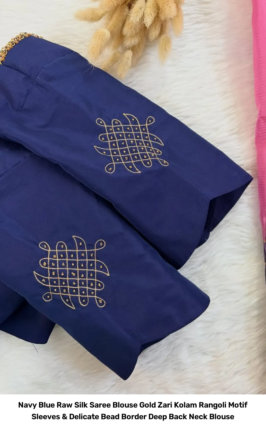 Navy Blue Raw Silk Saree Blouse – Gold Zari Kolam Rangoli Motif Sleeves & Delicate Bead Border Deep Back Neck Blouse 2