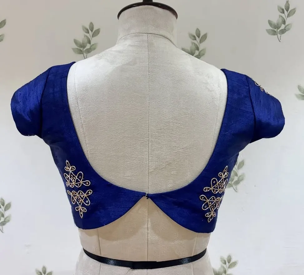Navy Blue Raw Silk Saree Blouse | Traditional Kolam / Geometric Embroidered Back Neck