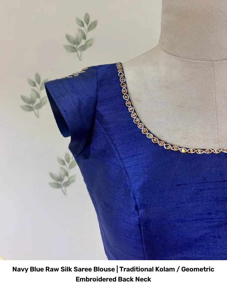 Navy Blue Raw Silk Saree Blouse | Traditional Kolam / Geometric Embroidered Back Neck 4