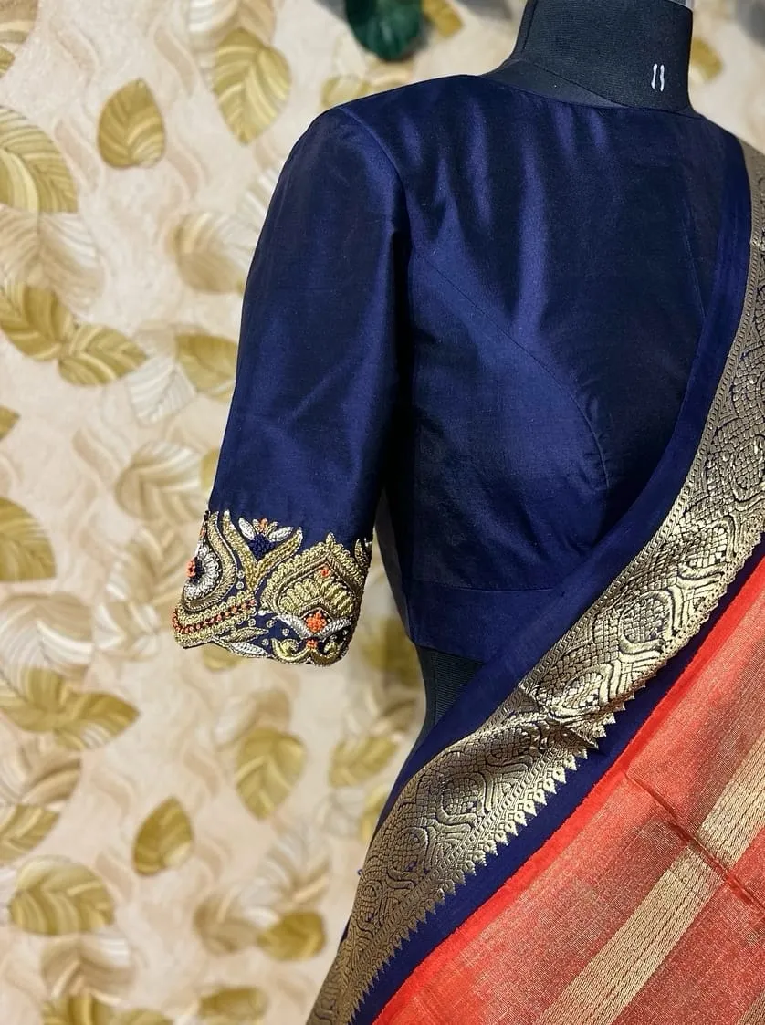 Navy Blue Silk Boat Neck Blouse | Handcrafted Maggam Paisley Sleeve Embroidery & Deep Open Back