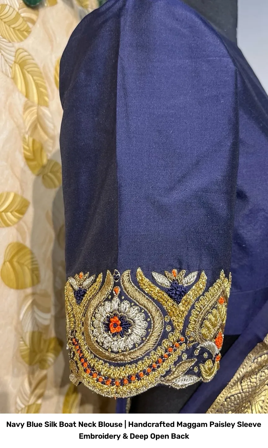 Navy Blue Silk Boat Neck Blouse | Handcrafted Maggam Paisley Sleeve Embroidery & Deep Open Back 2