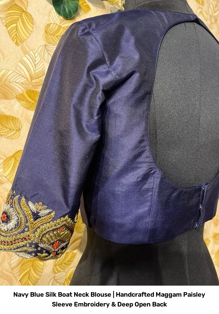Navy Blue Silk Boat Neck Blouse | Handcrafted Maggam Paisley Sleeve Embroidery & Deep Open Back 3