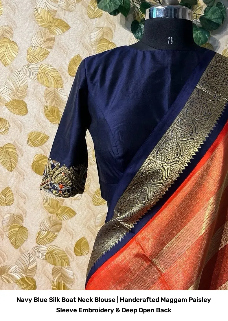 Navy Blue Silk Boat Neck Blouse | Handcrafted Maggam Paisley Sleeve Embroidery & Deep Open Back 4