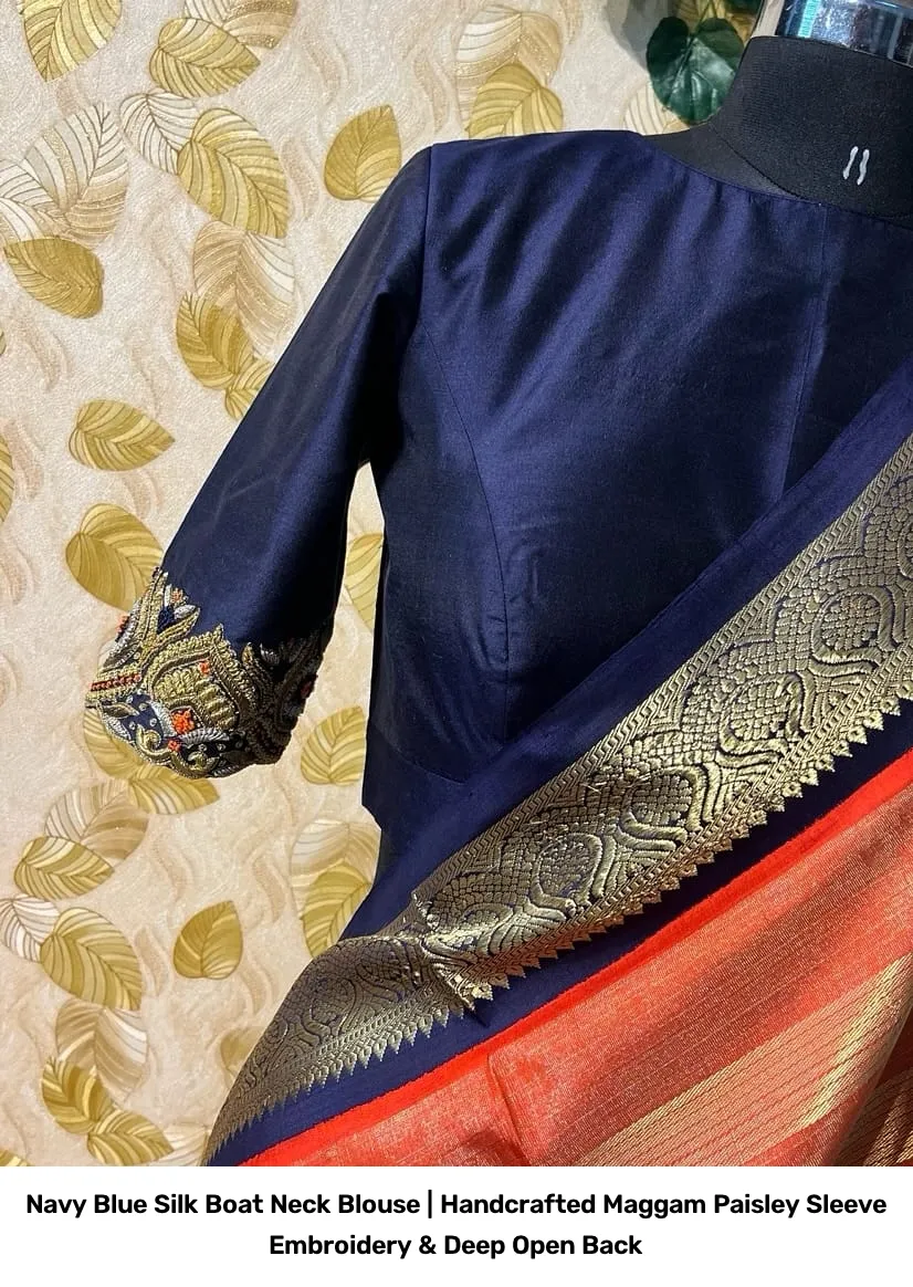 Navy Blue Silk Boat Neck Blouse | Handcrafted Maggam Paisley Sleeve Embroidery & Deep Open Back 5