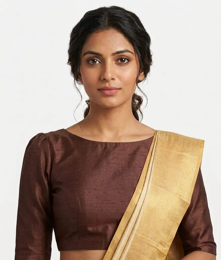 Navy Blue Silk Boat Neck Blouse | Minimalist Plain Raw Silk Saree Blouse with Back Hooks – Ready to Wear