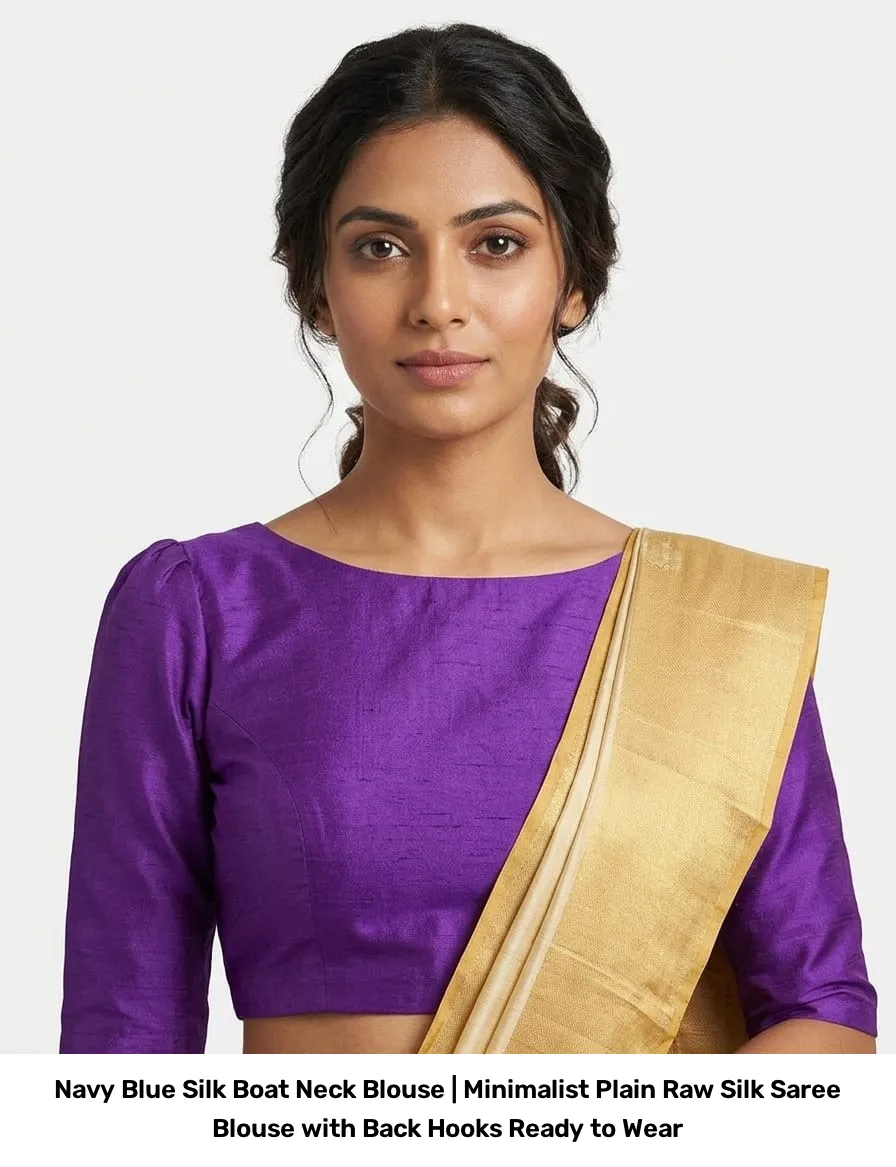 Navy Blue Silk Boat Neck Blouse | Minimalist Plain Raw Silk Saree Blouse with Back Hooks – Ready to Wear 2