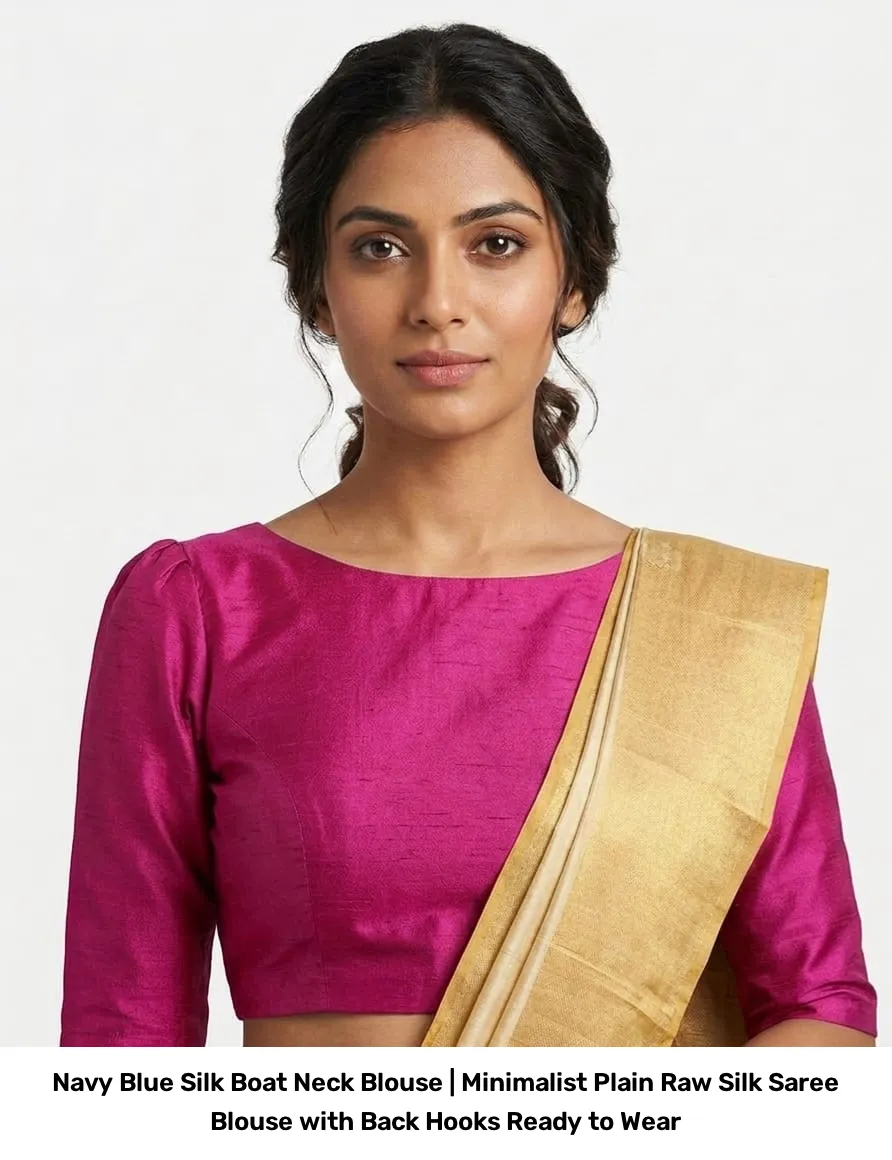 Navy Blue Silk Boat Neck Blouse | Minimalist Plain Raw Silk Saree Blouse with Back Hooks – Ready to Wear 3