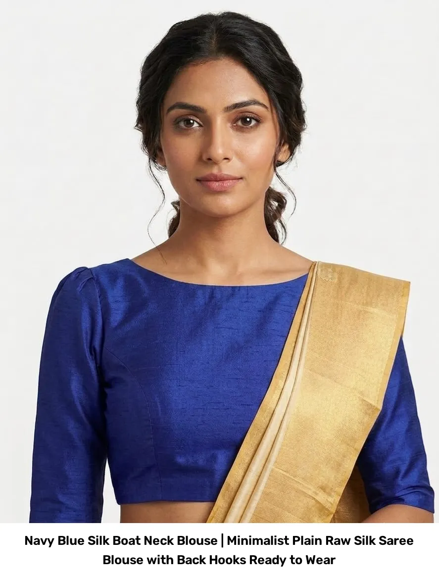 Navy Blue Silk Boat Neck Blouse | Minimalist Plain Raw Silk Saree Blouse with Back Hooks – Ready to Wear 4