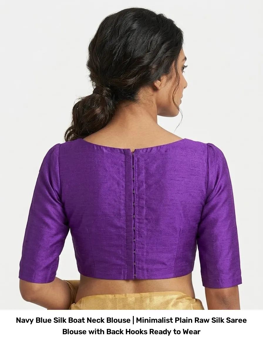 Navy Blue Silk Boat Neck Blouse | Minimalist Plain Raw Silk Saree Blouse with Back Hooks – Ready to Wear 5
