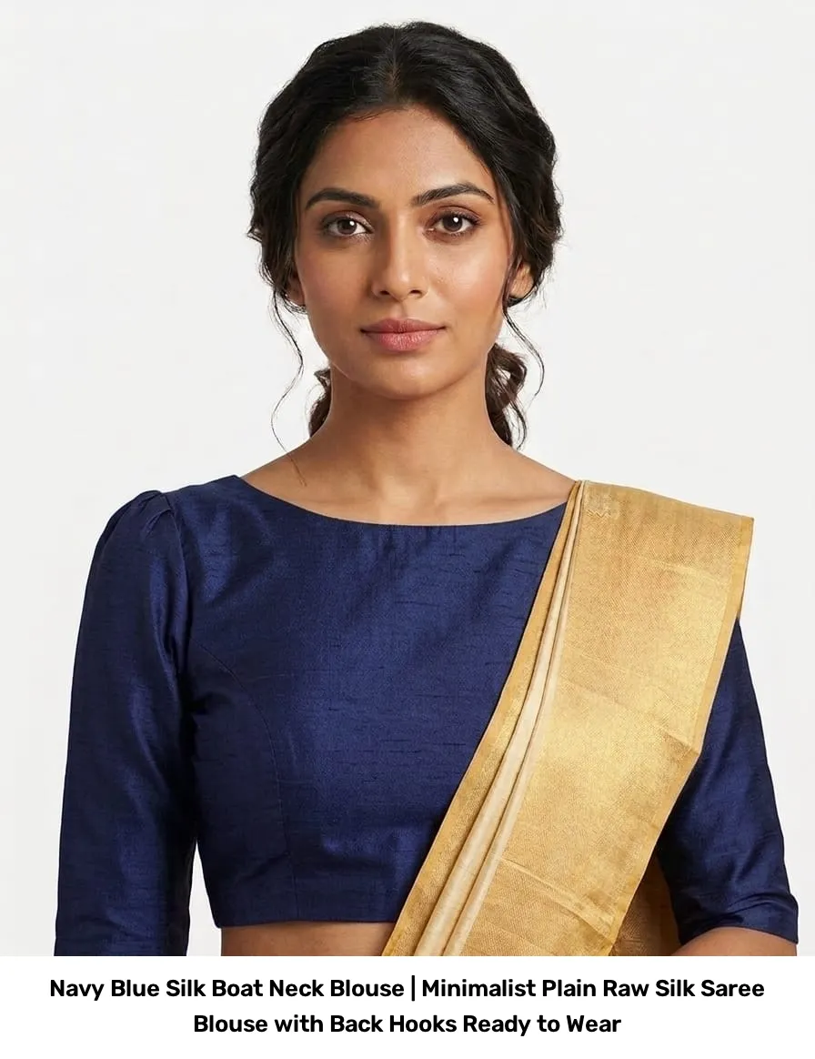 Navy Blue Silk Boat Neck Blouse | Minimalist Plain Raw Silk Saree Blouse with Back Hooks – Ready to Wear 6