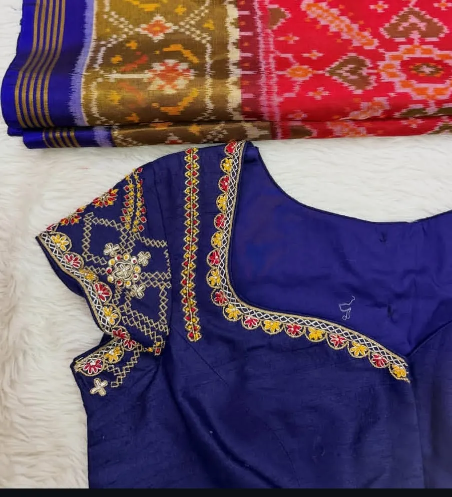 Navy Blue Silk Saree Blouse – Handcrafted Threadwork Cap Sleeves with Panel Piping & Back Button Detailing