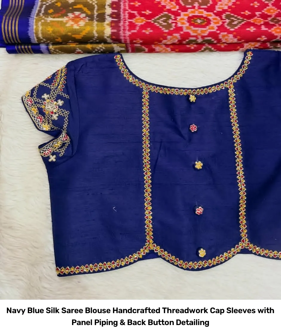 Navy Blue Silk Saree Blouse – Handcrafted Threadwork Cap Sleeves with Panel Piping & Back Button Detailing 3