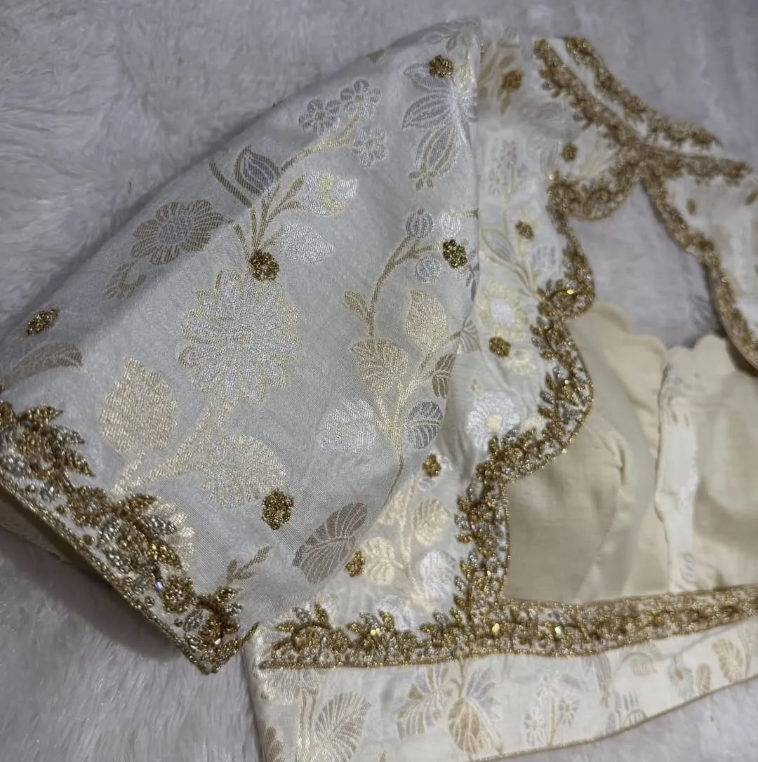 Off-White Banarasi Brocade Bridal Blouse | Handcrafted Zardosi Maggam Work Sweetheart Cutout Blouse