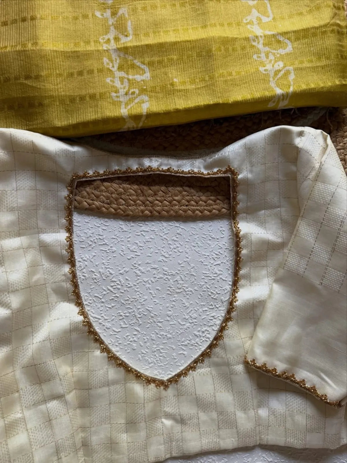 Off-White Chanderi Check Silk Saree Blouse – Sweetheart Neck with Hand-Embroidered Zari Border & Open Back 1
