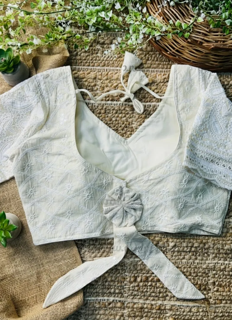 Off-White Designer Hakoba Work Saree Blouse | Chifli Embroidery & Readymade Party Wear