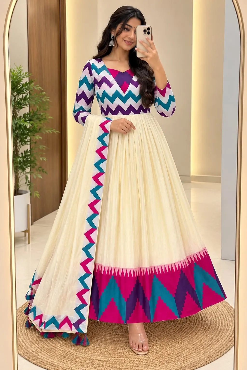 Off-White Festive Anarkali Gown with Multicolored Zigzag Bodice, Temple Border Hem & Silk Dupatta